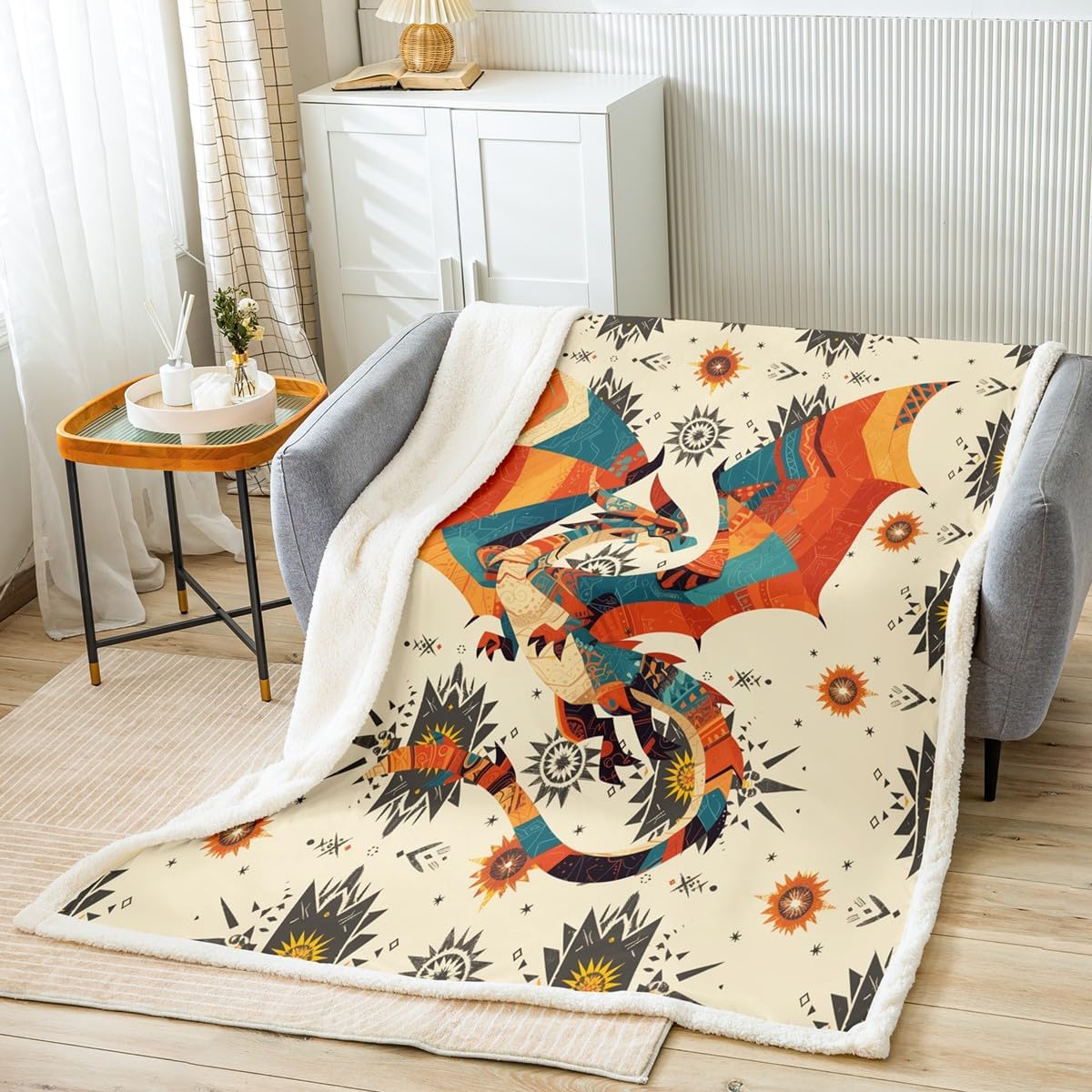Feelyou Boys Girls Dragon Orange Fleece Throw Blanket Boho Exotic Plush Blanket for Bed Sofa Couch Kids Wildlife Animals Sherpa Blanket Western Decor Teens Fuzzy Blanket Room Decor Queen 90"x90"