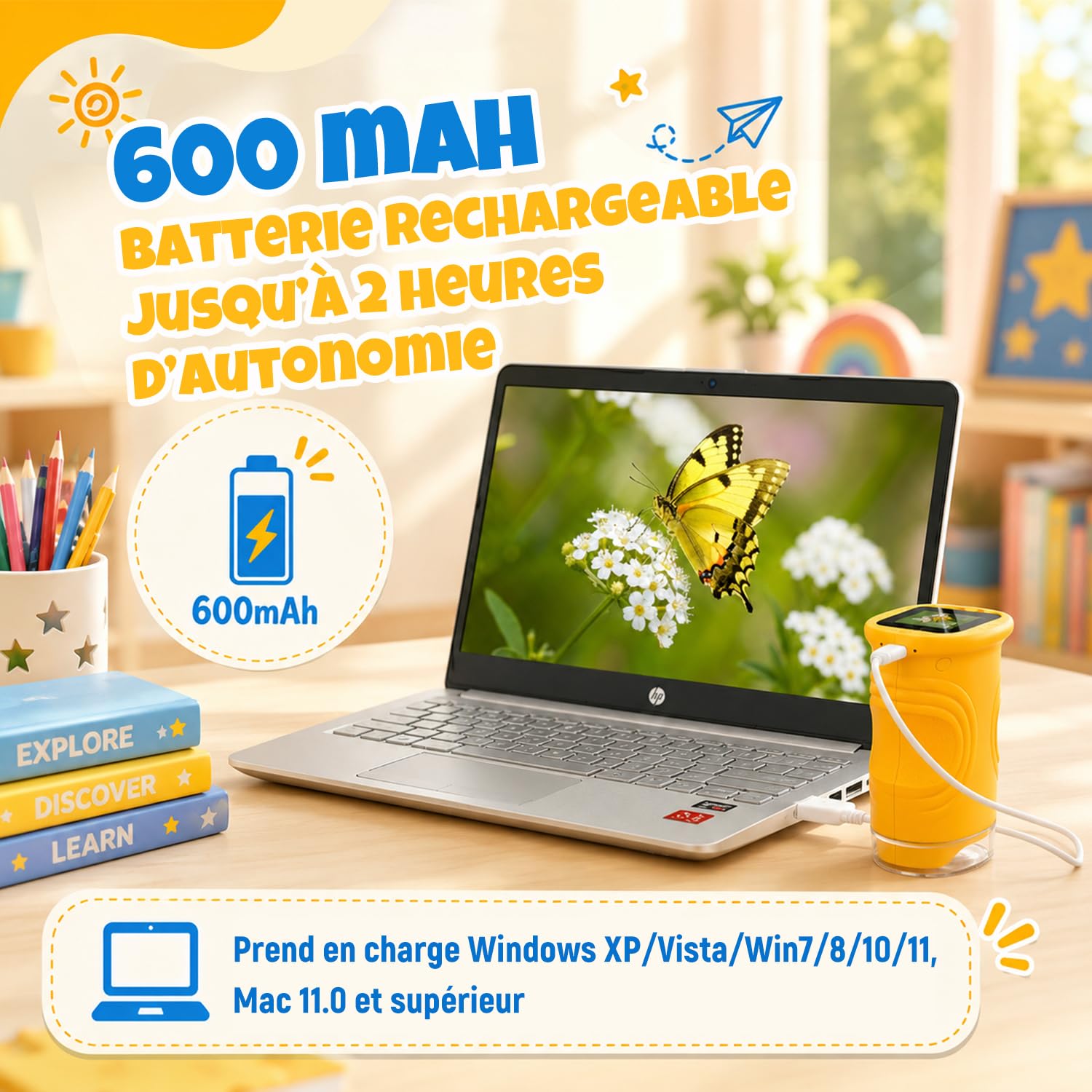 Microscope Numérique pour Enfants,1000X Mini Microscope de Poche Portabl, Éclairage 8 LED, USB Rechargeable,Cadeau de Noël et d’Anniversaire pour Enfants 3–12 Ans