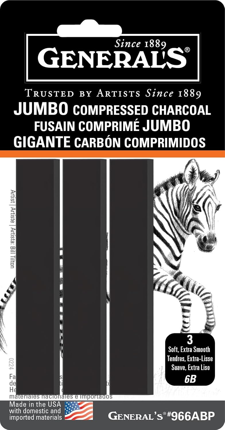 General's Jumbo Compressed Charcoal Sticks, 3 Pack, Black, 6B