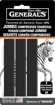 Generals Jumbo Compressed Charcoal Sticks, 3 Pack, Black, 6B