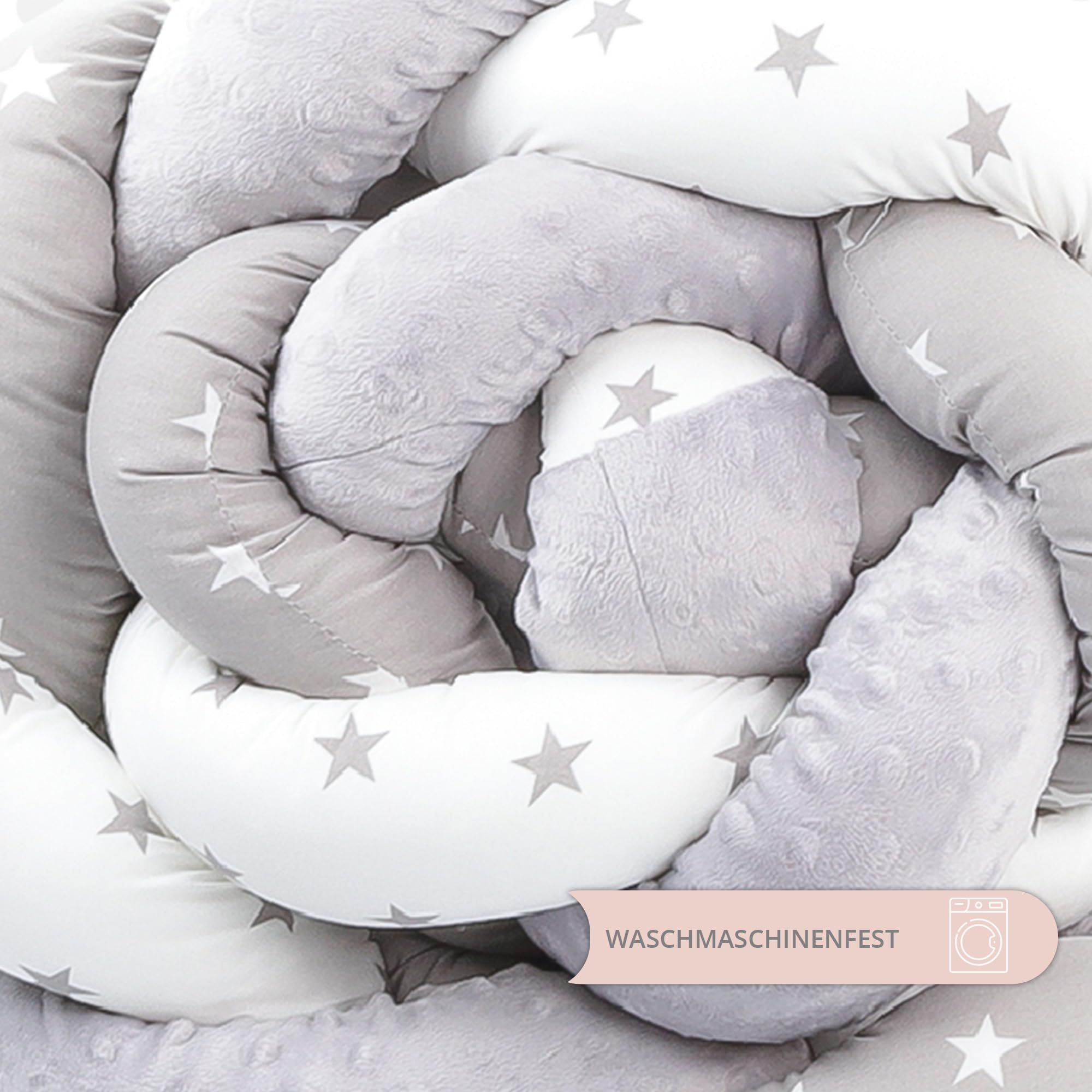 Totsy Baby Kuschelkissen Kinder Kissen Deko 200 cm- flauschig Dekokissen Kinderzimmer Kinderkissen Zierkissen geflochten Baumwolle Minky Grau Weiß Sterne