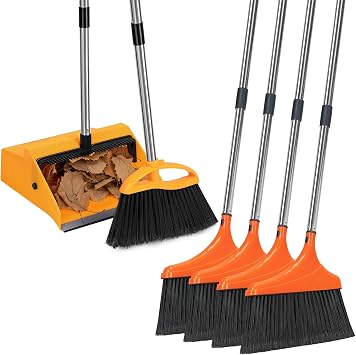 REEWII Commercial Broom and Dustpan Set and 4 Pack Heavy-Duty Angle Broom