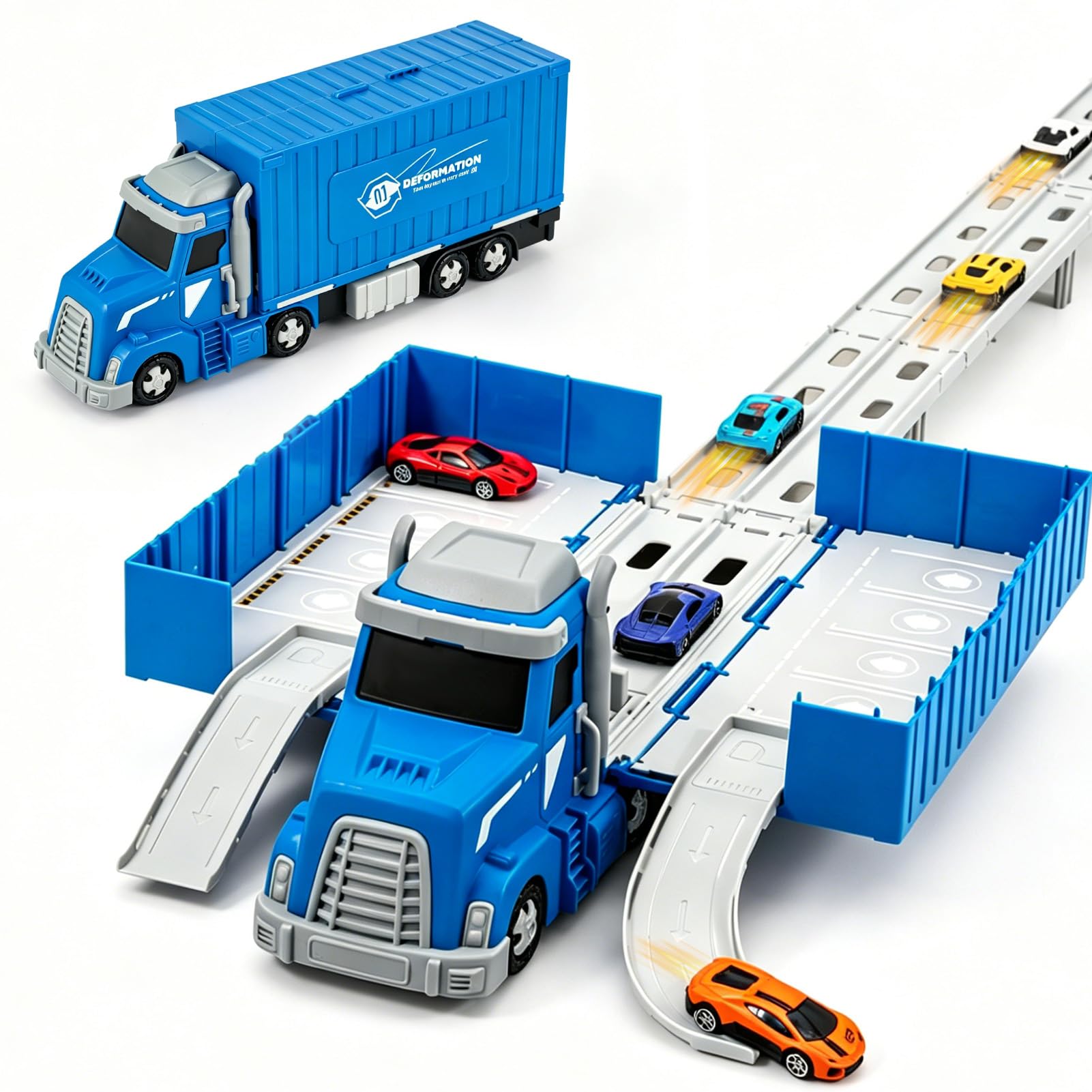 GoDyna 3 in 1 Transport Truck Toy with Race Track and 6 Die Cast Cars Foldable Car Carrier Truck Launcher Racing Track Playset for Boys Age 3 4 5 6 Years Old (A)