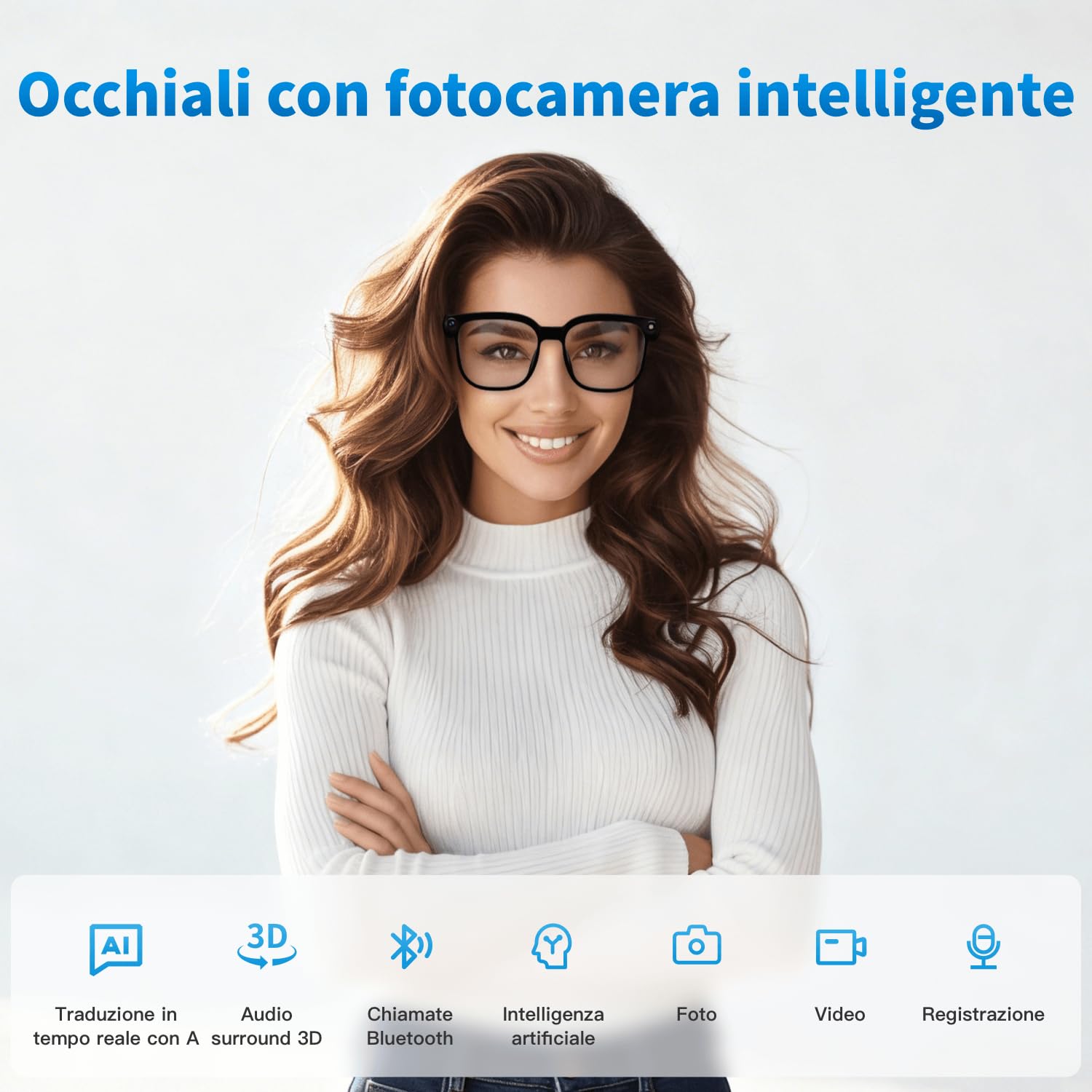 Occhiali intelligenti da 32 GB con intelligenza artificiale, dotati di fotocamera 4K con stabilizzazione dell'immagine, registrazione video e traduzione in tempo reale, lenti fotocromatiche
