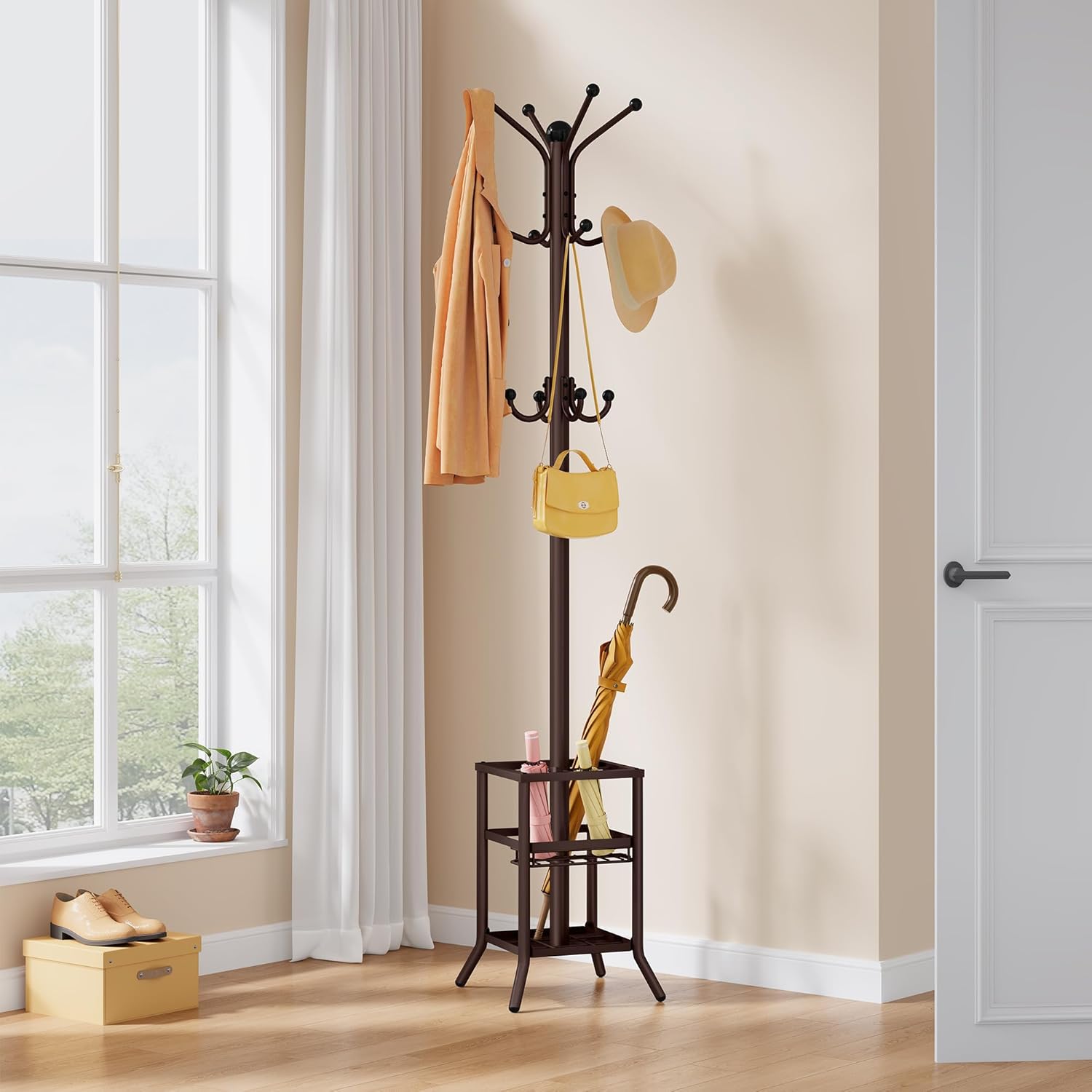 FAVOOSTY Coat Rack Freestanding,Coat Rack Stand with Umbrella Holder,Metal Coat Tree with 12 Hooks,Tree Clothes Hat for Entryway, Hallway, Bedroom, Living Room & Office -Brown