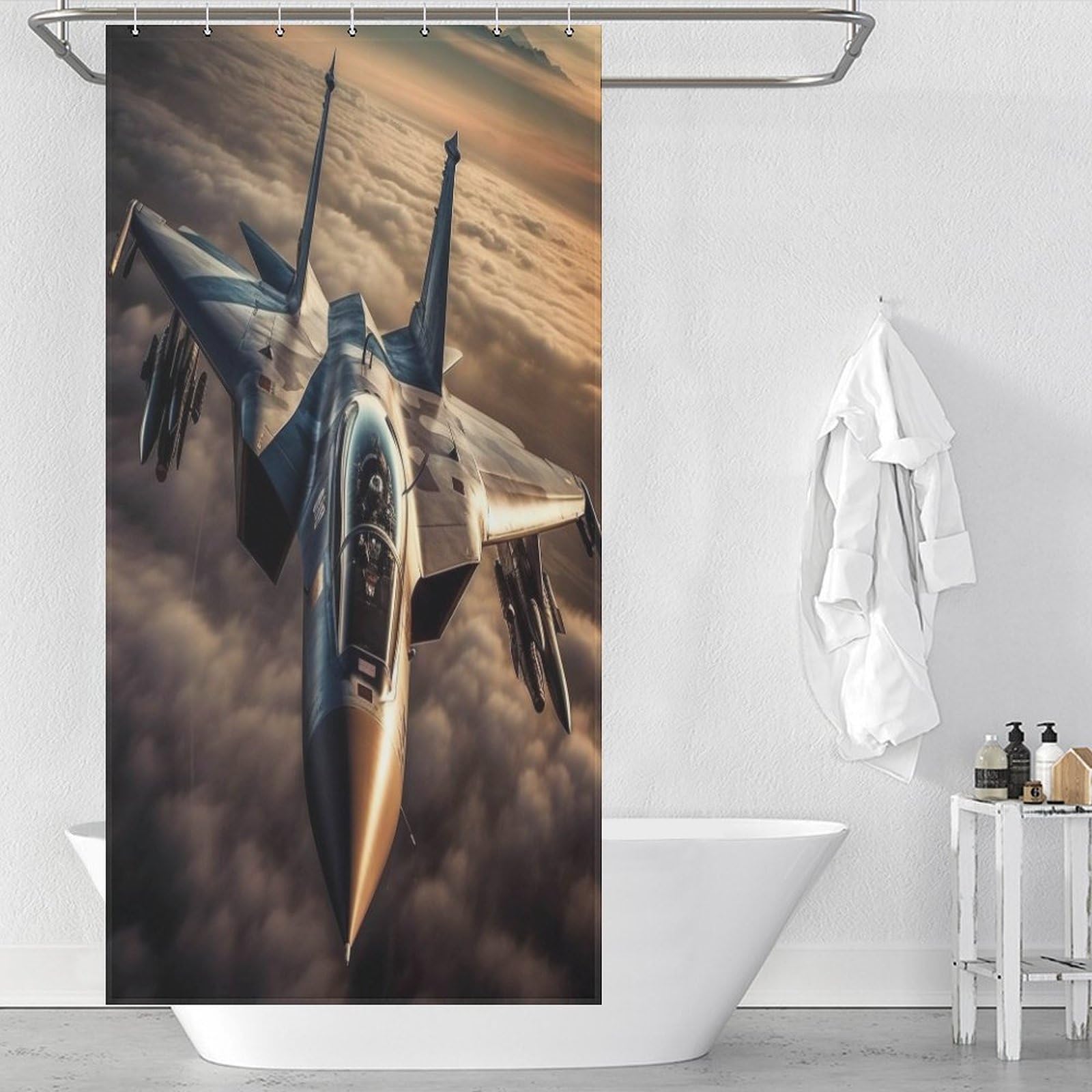 Rideau de douche avion de chasse pour éviter les éclaboussures sur le sol de la salle de bain