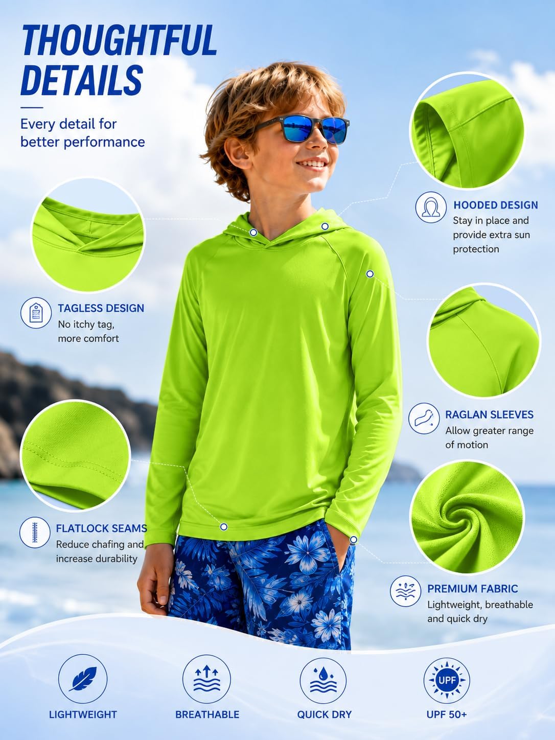 Boys Lightweight Pullover Hoodie Kids Sweatshirt UPF 50+ Workout Shirts