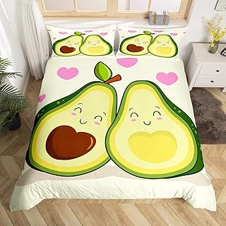 Manfei Kids Kawaii Fruits Duvet Cover Set Full Size, Cute Avocado Couple Bedding Set 3pcs for Boy Girls Bedroom Decor, Pink Hearts Print Comforter Cover Soft Polyester Quilt Cover with 2 Pillowcases