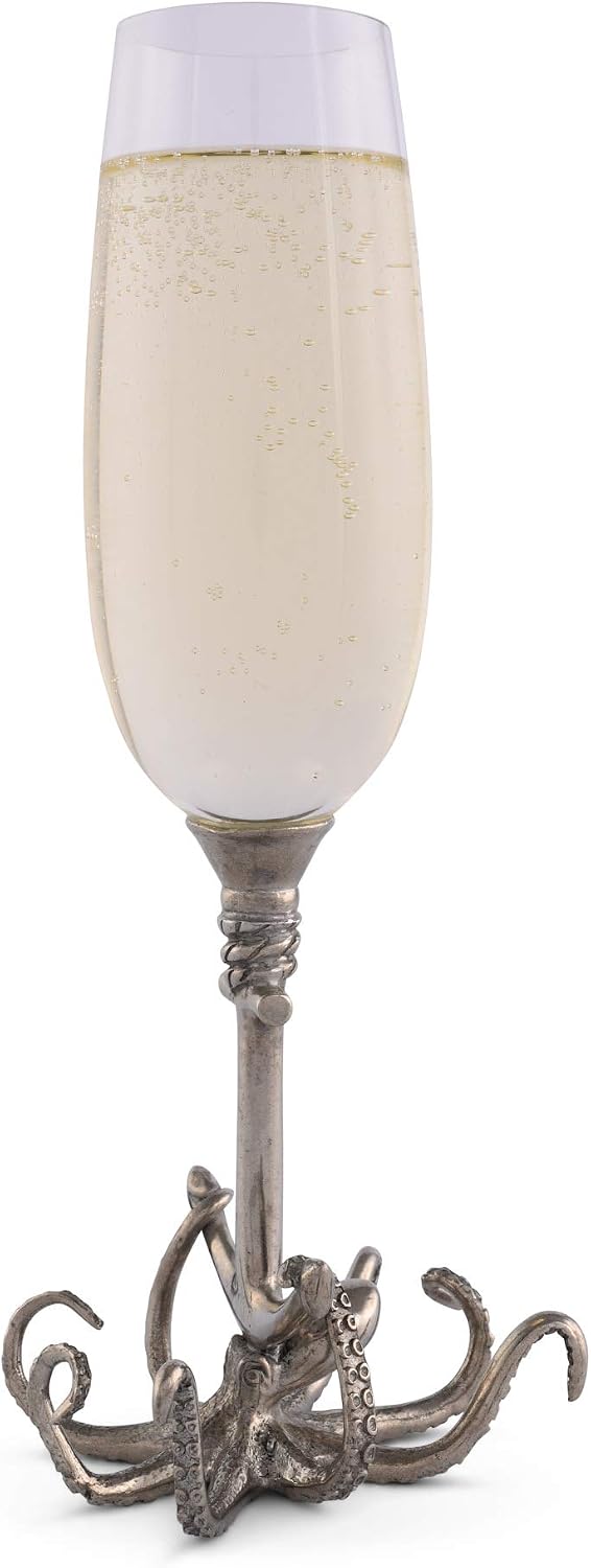 Vagabond House Champagne Flute Pewter Glass Octopus Coastal Ocean Pattern - Special Toasting Stemware - designer style and quality 9.5 inch Tall 7.25 oz.
