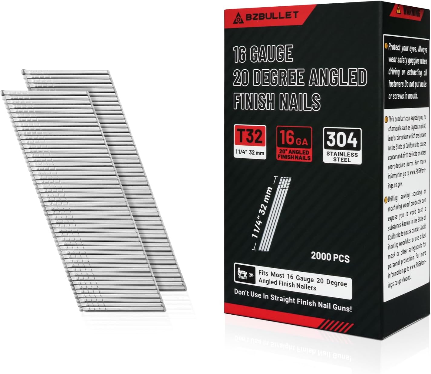 16 Gauge Angled Finish Nails 1-1/4 Inch (32mm) 20-Degree Stainless Steel Finishing Nails for Nail Guns - No Rust, Ideal for Trim Work and Furniture Assembly (4 Boxes, 8,000 PCS)