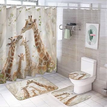 4Pcs Romantic Floral Giraffe Shower Curtain Set with Toilet Lid Cover Non-Slip Rugs for Bathroom, Cute Animal Butterfly Plant Shower Curtain Bathroom Sets with Hooks, 72x72 Inch