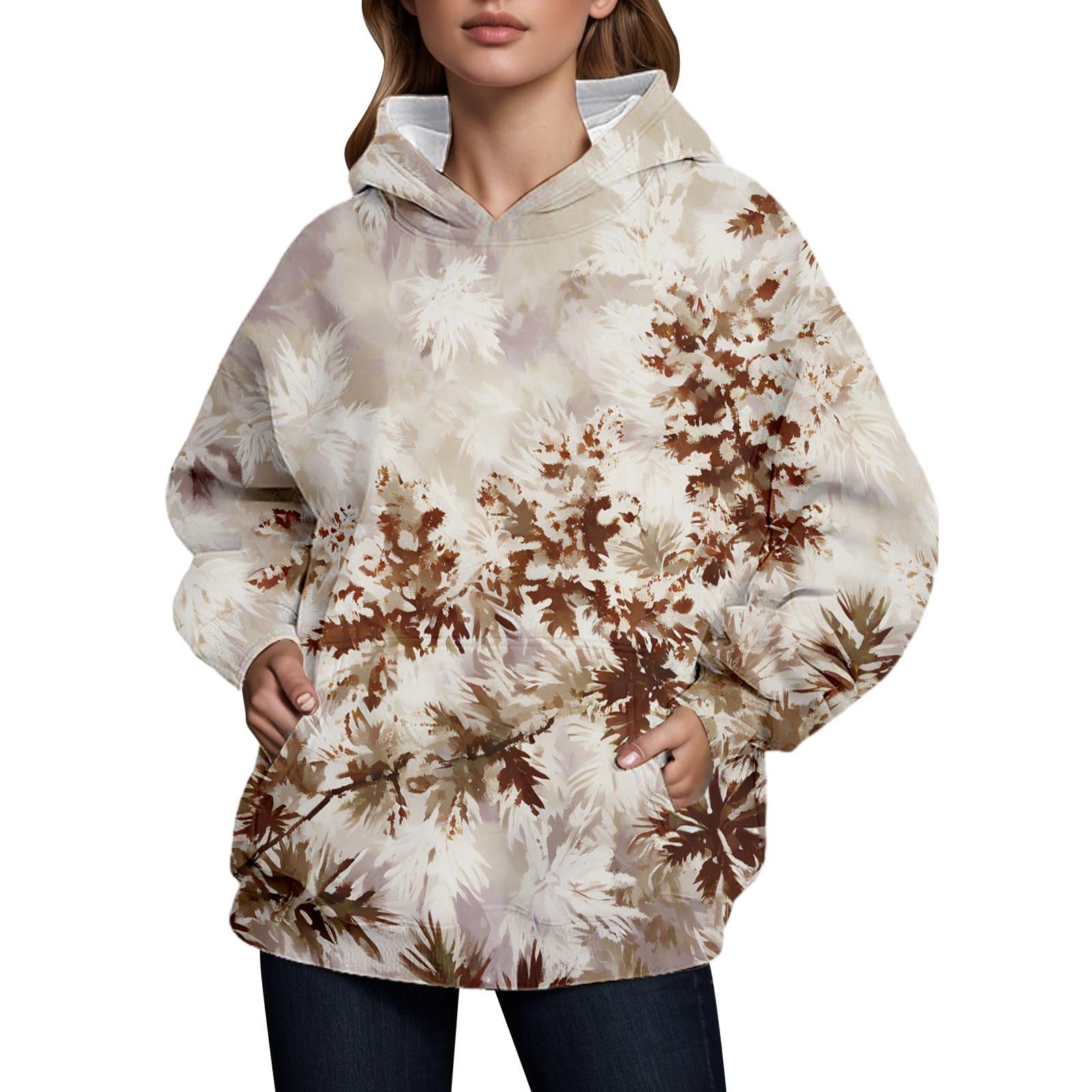 Womens Camo Hoodies Fleece Fall Pullover Maple Leaf Print Oversized Hooded Cozy Long Sleeve Sweatshirts with Pocket
