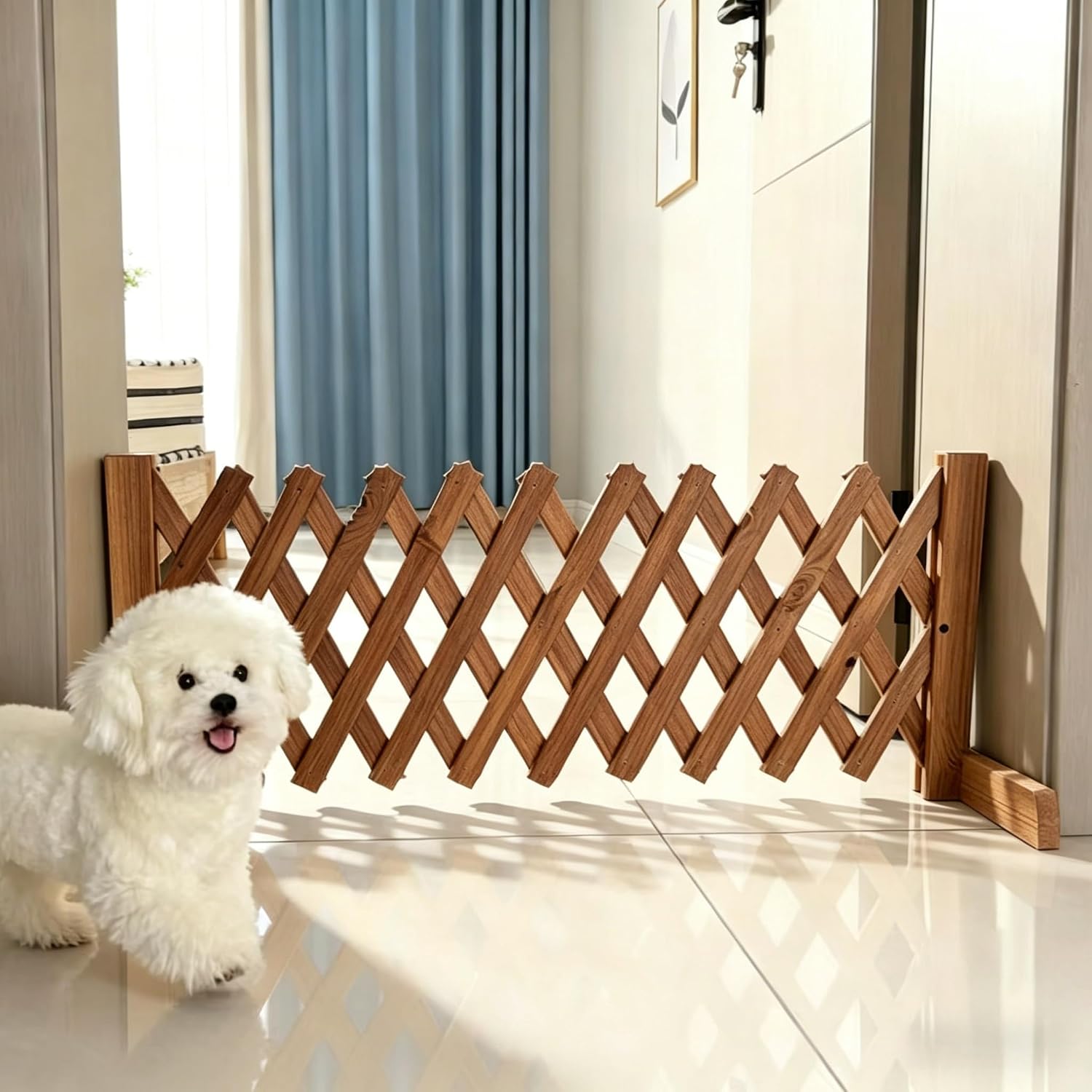 Retractable Wooden Dog Playpen for Indoor Outdoor Doorways (Charcoal, S) | Low threshold, foldable, drill-free pet barrier