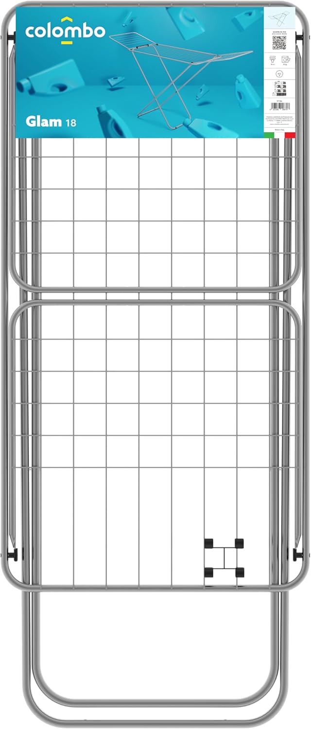 Colombo Glam 18 | Floor Drying Rack | Foldable Clothes Airer for Space-Saving | Drying Rack with Non-Slip Feet | 18 m Drying Space | Painted Metal | for Indoor Use | Made in Italy