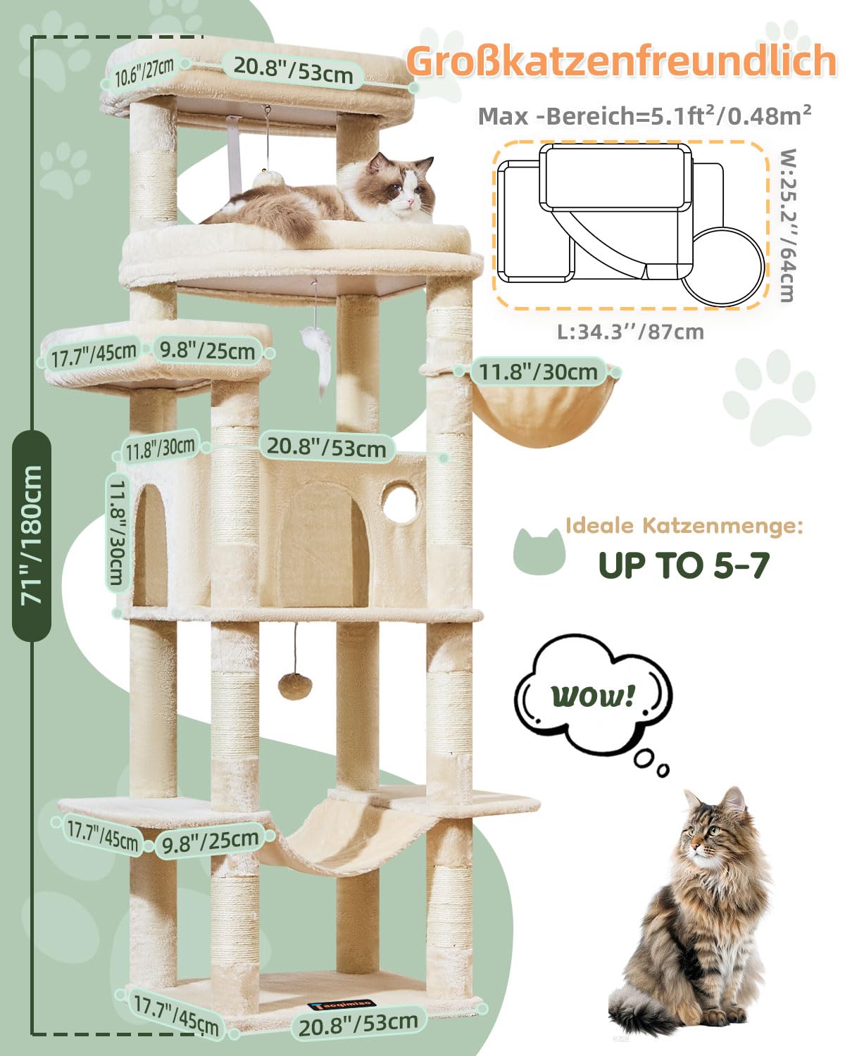 Taoqimiao 180CM Kratzbaum Groß XXL, Katzenbaum Grosse Katzen Stabil kratzbaum Maine Coon mit Katzenhaus, Hängematte, Große Plattform 9 Kratzsäulen, Korb, MS034M Beige
