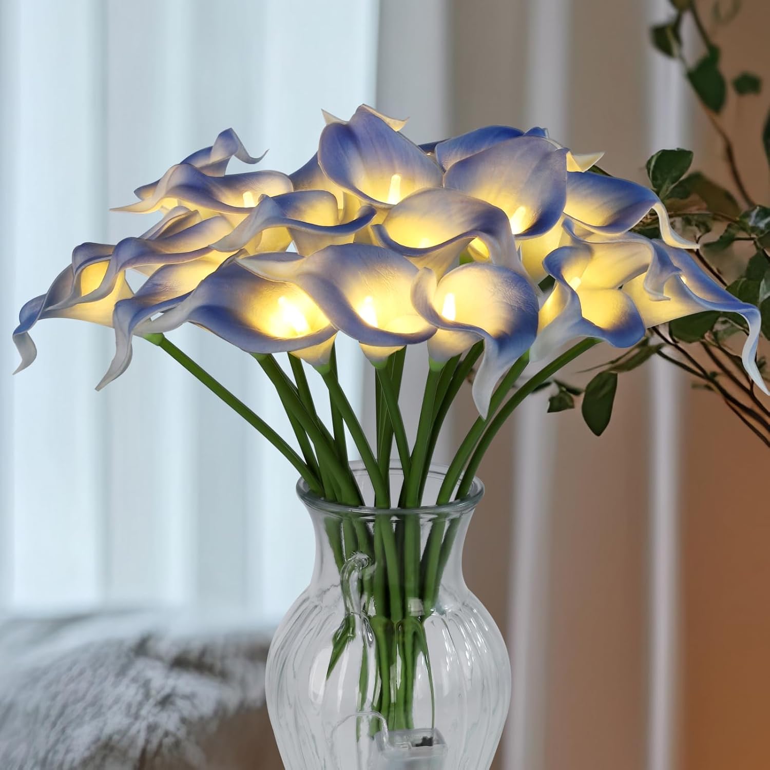 20pcs Lighted Artificial Calla Lily Bouquet Lamp Faux Floarl Night Light Real Touch Flower Night Lamp LED Calla Lily lighted Artificial Flower for Holiday Gifts Home Kitchen Decor(Light Blue, No Vase)