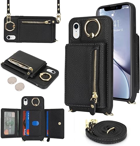 Miniatura 6 de Funda para iPhone Xr con Portador de Tarjetas, Funda de Teléfono para iPhone Xr con Correa Cordón Cruzado Anillo de Soporte, Funda Cartera Xr para