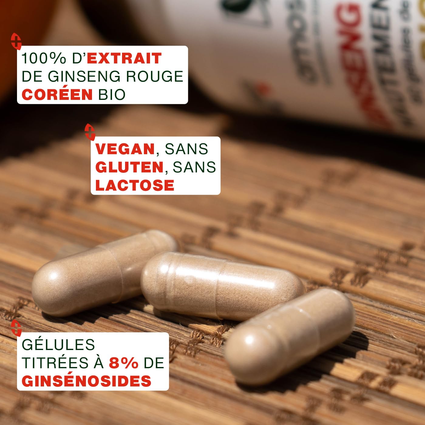 Panax Ginseng Rouge BIO de Corée | Extrait haute concentration | Énergie, Vigueur, Anti-stress, Concentration | 60 gélules de 400mg | Qualité Supérieure