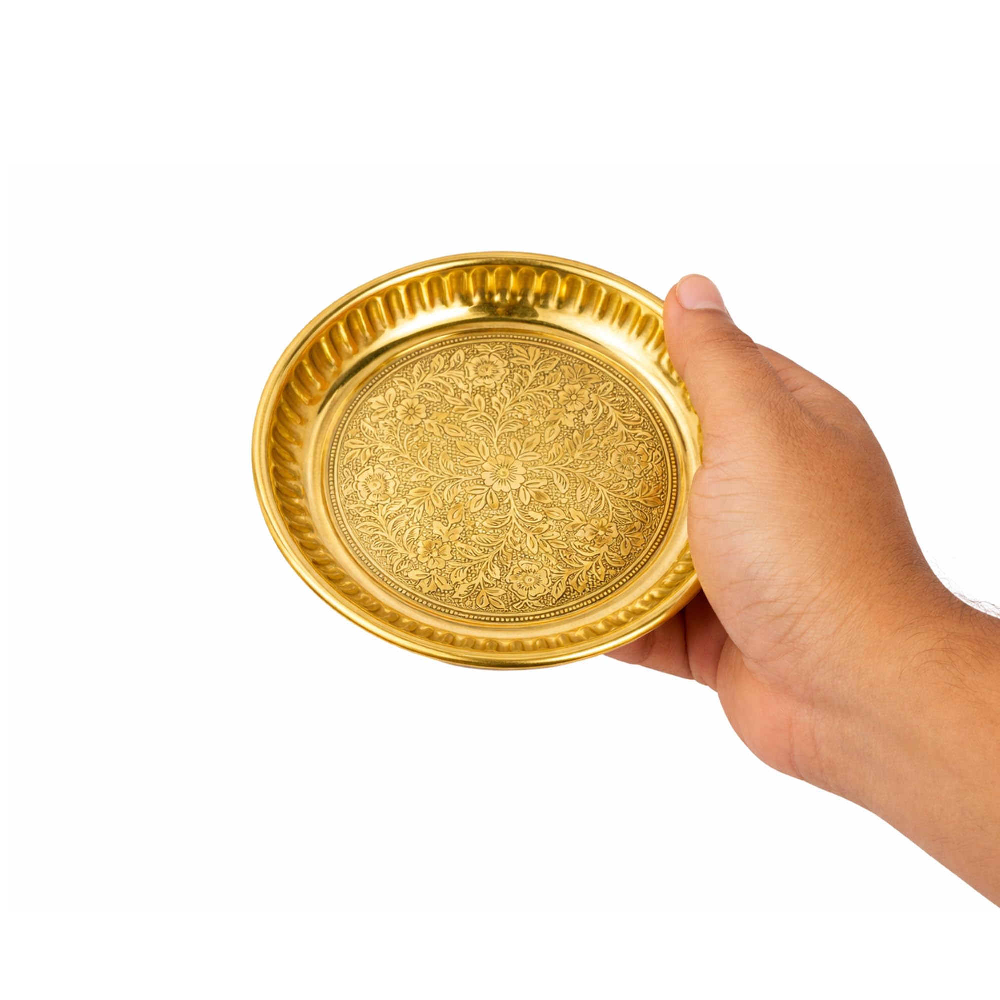 Putrika Traditional Handcrafted Brass Puja | Pooja Thali | Arati Bartan Thambulam| Engraved Designed - Designer Halwa Plate (13cm, 6) 1