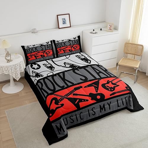 Miniatura 4 de Juego de ropa de cama con música rock y guitarra eléctrica, edredón de temática musical punk rock popstar, edredón y juegos de ropa de cama con