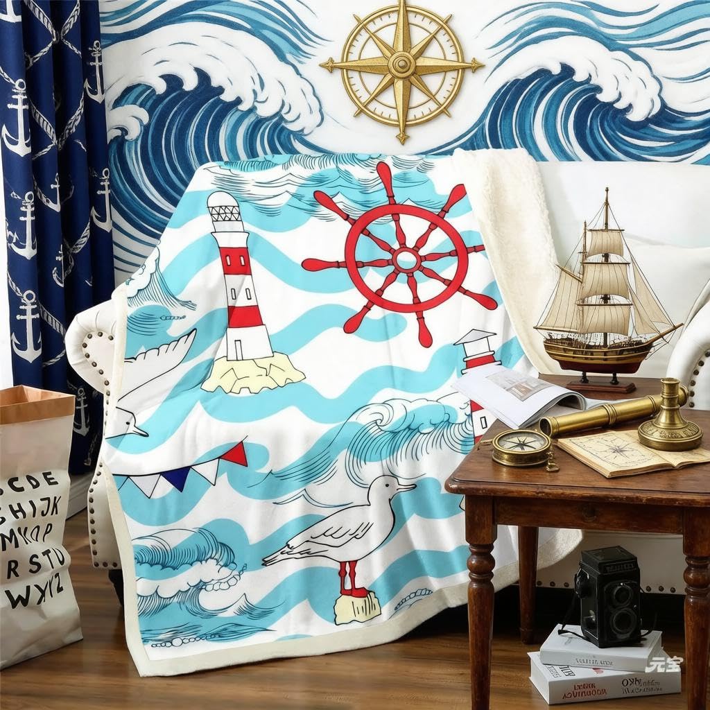 Loussiesd Anchor Decor Fleece Blanket for Chair Sofa Couch Nautical Rudder Sherpa Blanket Ocean Themed Fuzzy Blanket Wave Seagull Plush Throw Blanket Sea Adventure Single 50"x60" — image 1