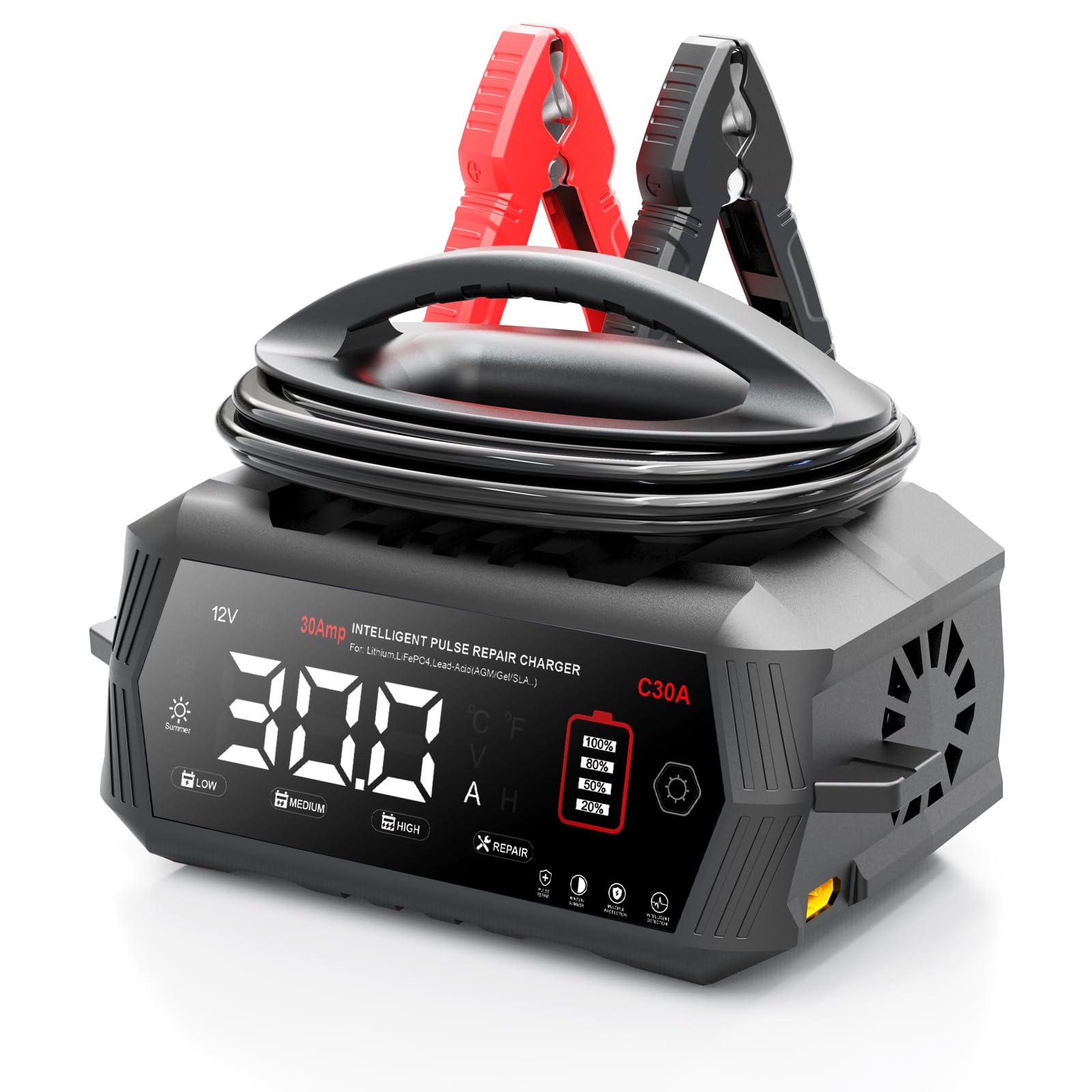 Caricabatterie C30A per batterie auto, 6 V/12 V/24 V, caricabatterie per auto, moto, tosaerba, barca, litio, LiFePO4 e piombo acido (AGM, Gel, MF, EFB, SLA, VRLA, Wet)