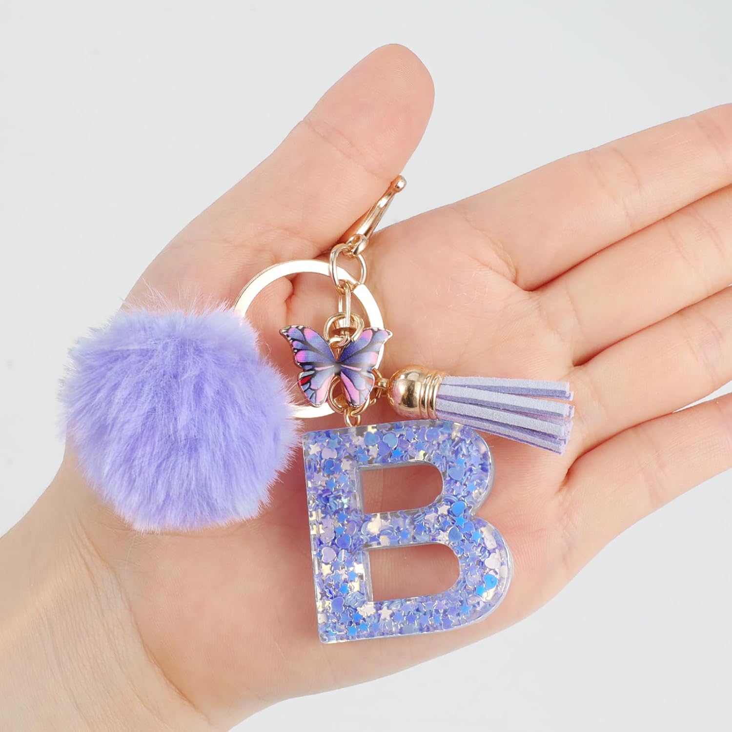 JSRQT Initial Keychain, Letter Keychain for Girls, Initial Bag Charm Pendants, Purple Butterfly Alphabet Keyrings Poms image 5