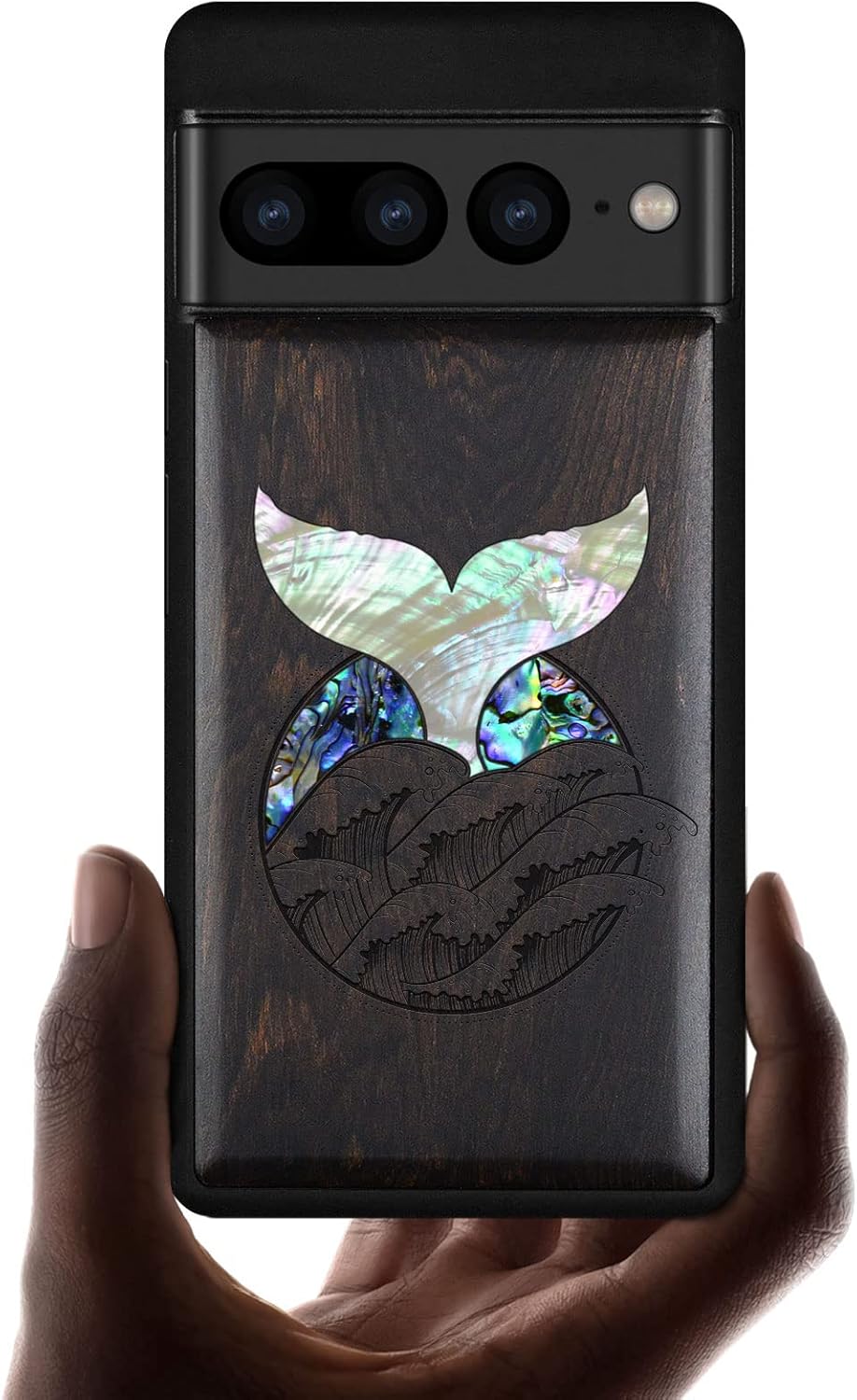Carveit Designer Wooden Case for Google Pixel 7 Pro Case [Wood Engraving & Shell Inlay] Unique Wood Cover Compatible with Wireless Chargers Pixel 7 Pro (Whale Tail-Blackwood)