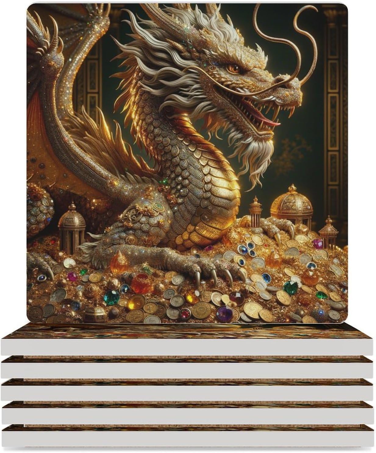 Dragon Drink Coasters, Round Ceramic Drink Coaster Round-6PCS, Medieval Magic Fantasy Animal Mythical Dragon Flame Decor Absorbent Ceramic Coasters for Beverage Cup, Bar, Coffee Table