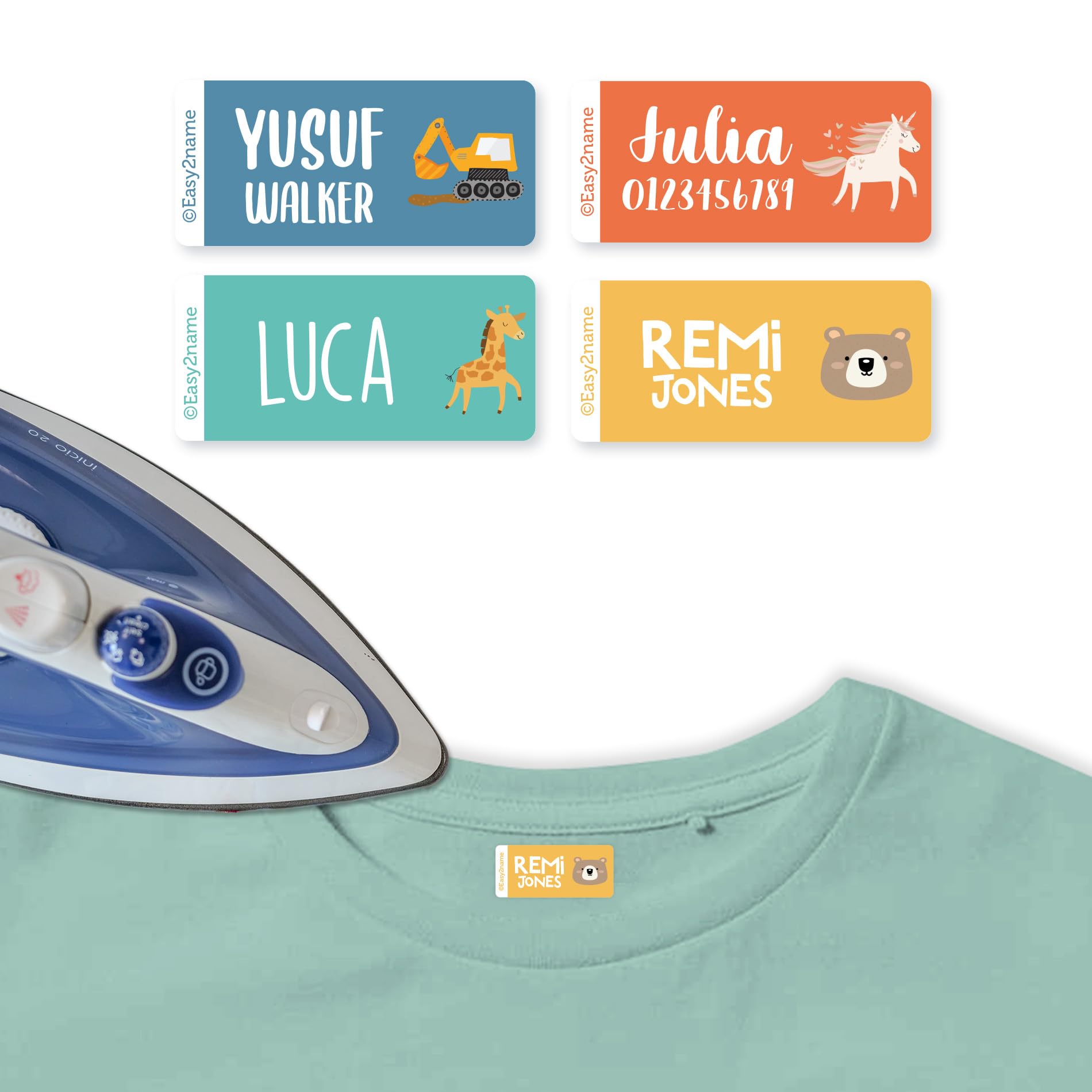 EASY2NAME Personalised Iron-On Name Labels with Themed Icons – Durable, Washable & Dryer-Safe. Ideal for School Uniforms & Clothing. 2.65x1.2cm Name Tags for Kids & Adults. (Colourful)
