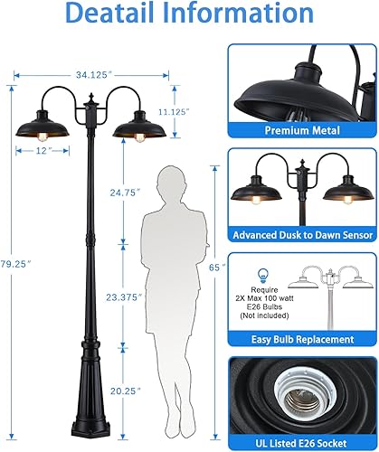 Miniatura 2 de MYHXQ Luz de poste para exteriores, lámpara de exterior del anochecer al amanecer, luces de poste de 2 cabezales de granja, luces de poste negro