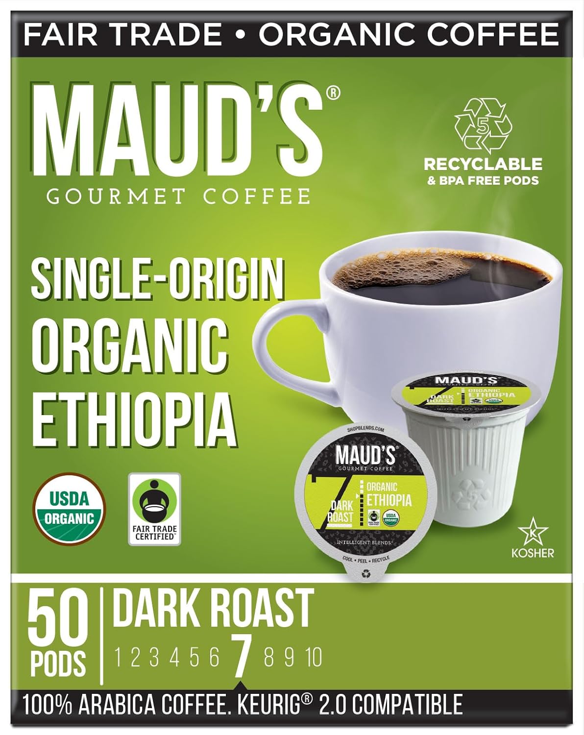 Maud's Organic Coffee Pods Variety Pack, 56 ct, 8 Assorted Flavors, Single Serve Pods – 100% Arabica Coffee, Compatible with Keurig K Cups Maker