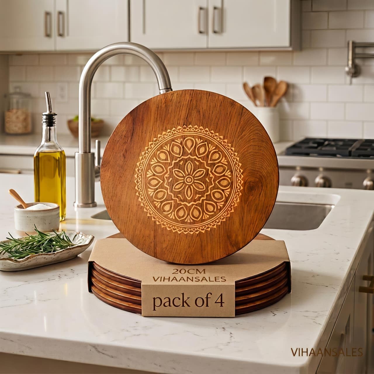 Round Wooden Trivet,Place Mate Set of 4 (20cm) |Bamboo Table Mats with Engraved Design | Heat Resistant Hot Pot Stand| Dining Table Protector | Wooden Coaster for Kitchen & Cookware (20x20 cm)-image-22