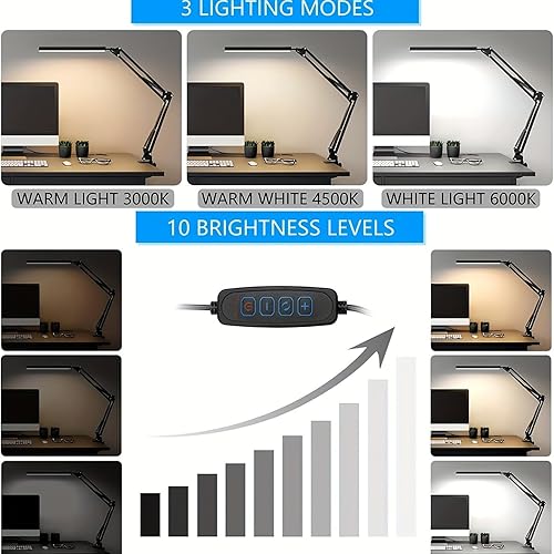 Miniatura 7 de Long-Arm Clamp LED Desk Lamp with 3-Step Dimming for Reading, Study & Work (Black  Metal Clamp)