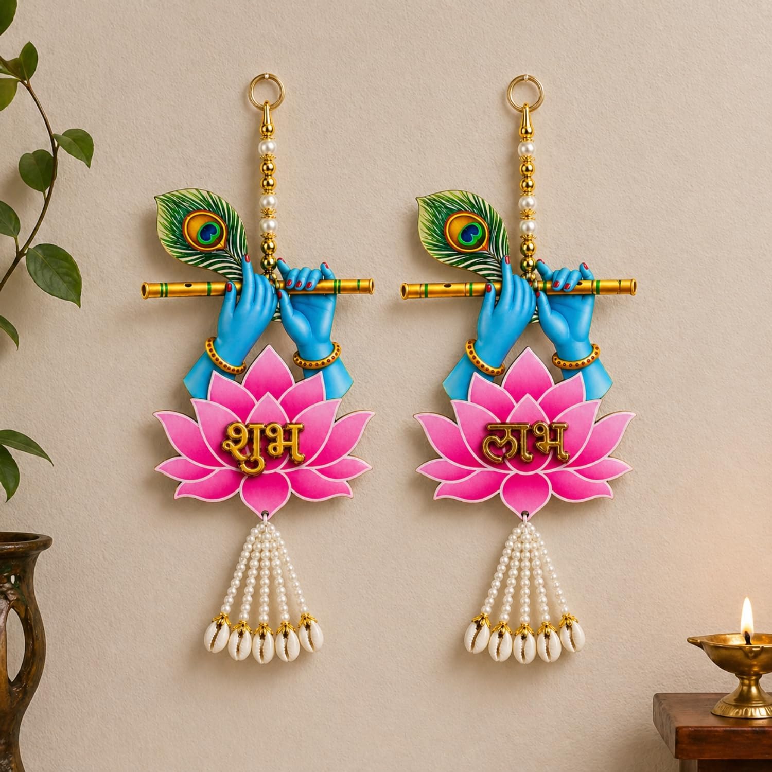 Shubh Labh Wall Hanging Set Diwali Decor Items Home Decoration Living Room Pooja Mandir Ganesh Chaturthi Lotus Festive Toran Auspicious Entrance Gift - Hand (Hand - Subh Labh)