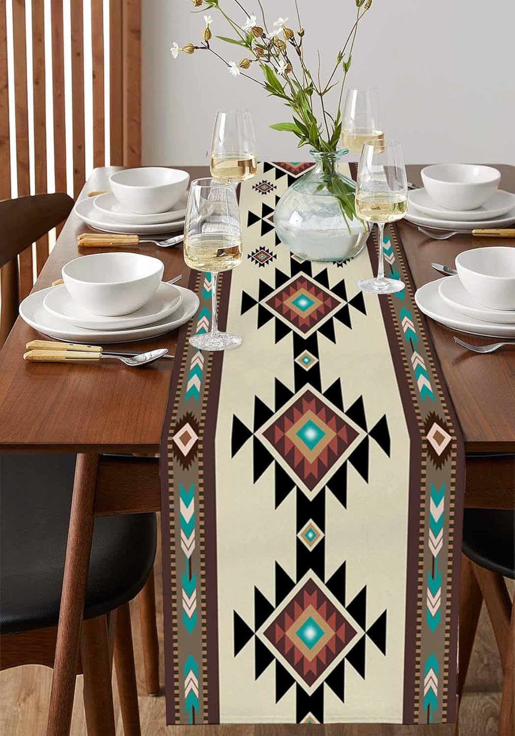 Brown Teal Southwest Table Runner - 120 Inch Long Western Geometric Abstract Ethnic Cotton and Linen Blended Dress Scarves Farmhouse Table Runner for Kitchen Dining, Coffee Table, 13" x 120"
