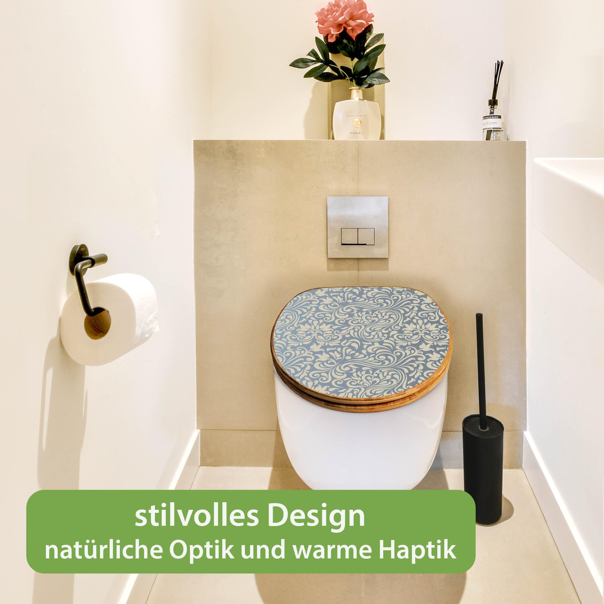 banjado Design WC Sitz Bambus Absenkautomatik 45,8x37,5cm - Toilettendeckel mit Absenkautomatik Holz - hochwertiger Bambus Klodeckel - WC-Sitz für gängigen Toiletten - Motiv Blaues Ornament