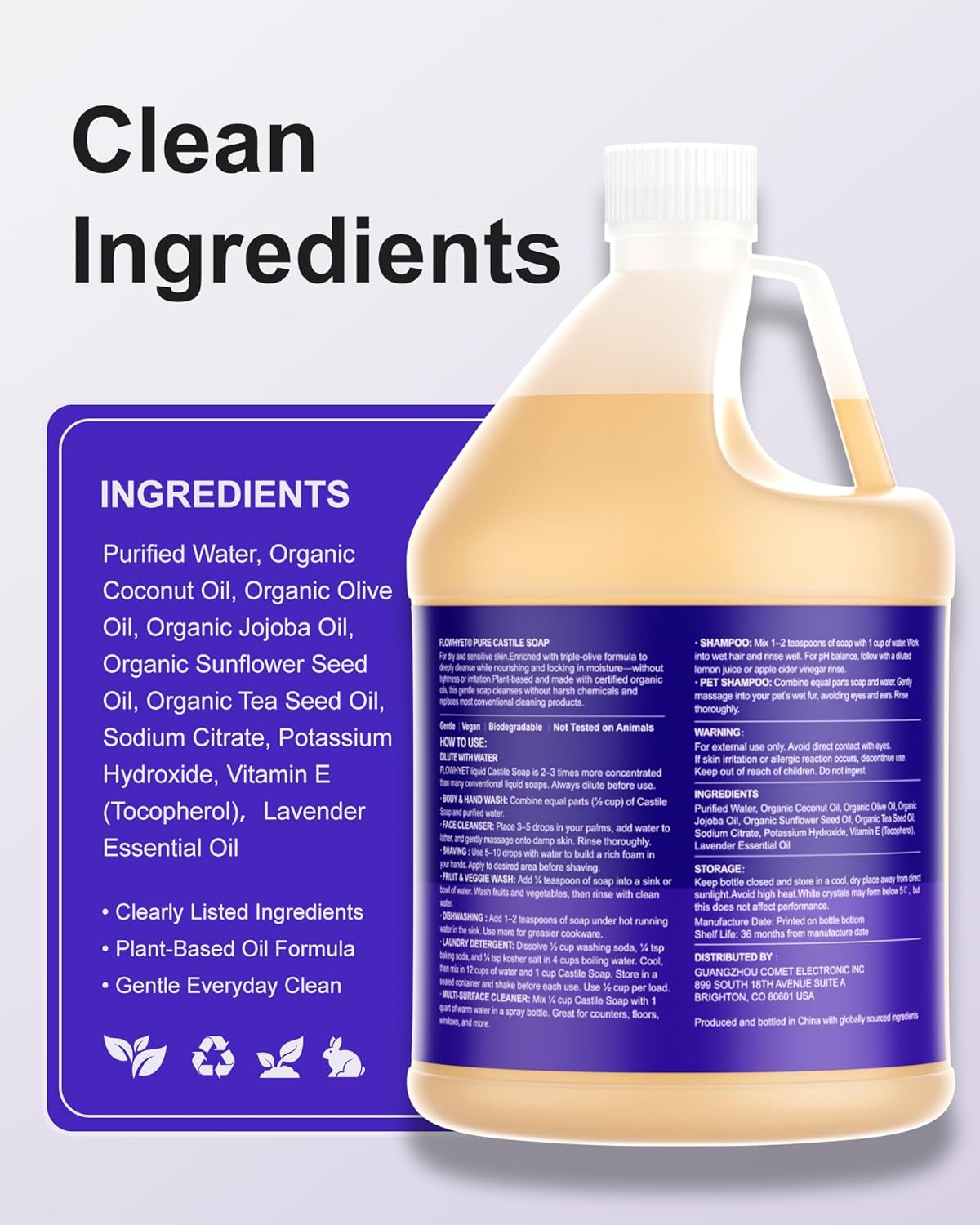 Pure Castile Soap Liquid Lavender 1 Gallon (128 fl oz), Moisturizing Body Wash & Hand Soap Refill for Dry & Sensitive Skin, Hard Water Friendly Multi-Purpose Cleanser