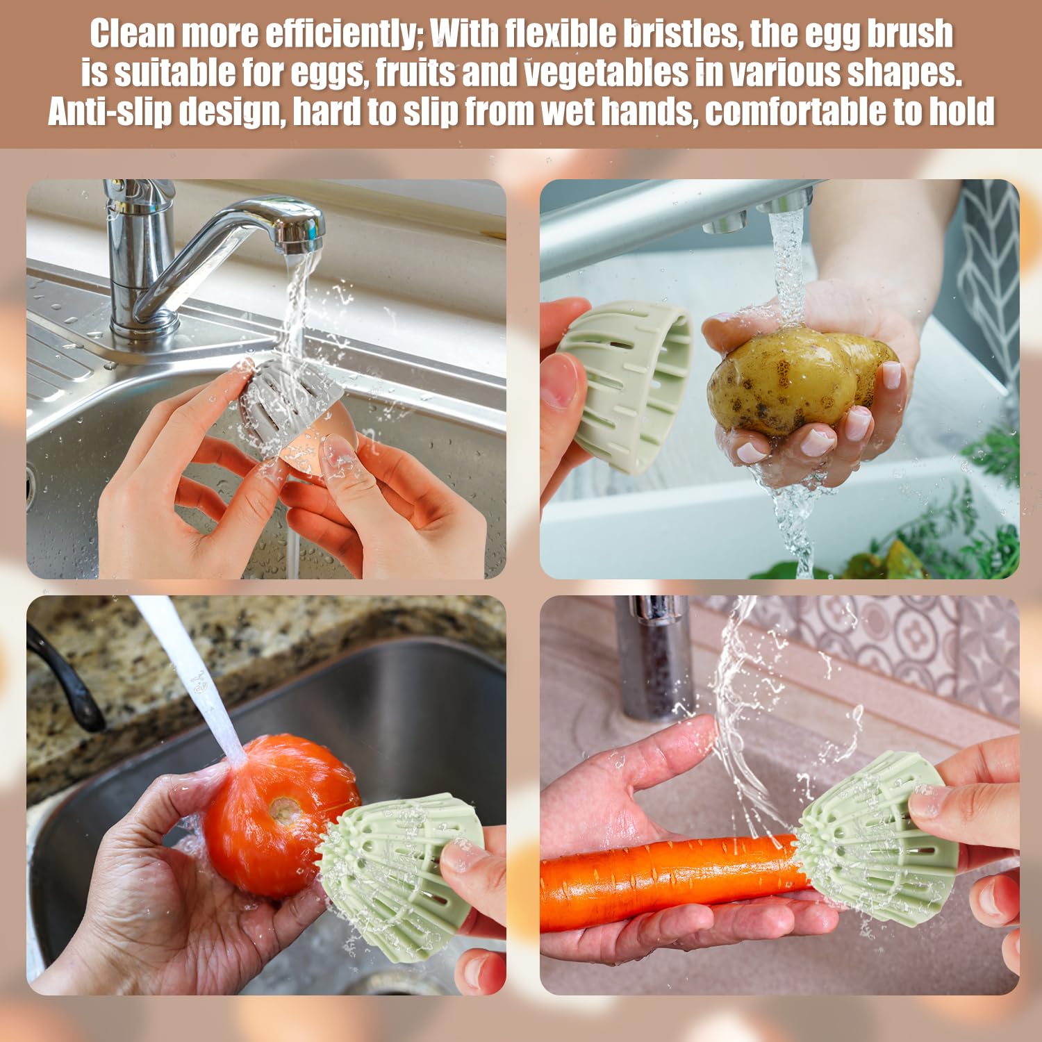 2uds Cepillo de Limpieza de Huevos de Silicona, Depurador de Huevos Reutilizable Limpiador para Huevos, Herramienta para Lavadora de Huevos de Cocina con Cerdas Suaves Flexibles (Gris, Verde)