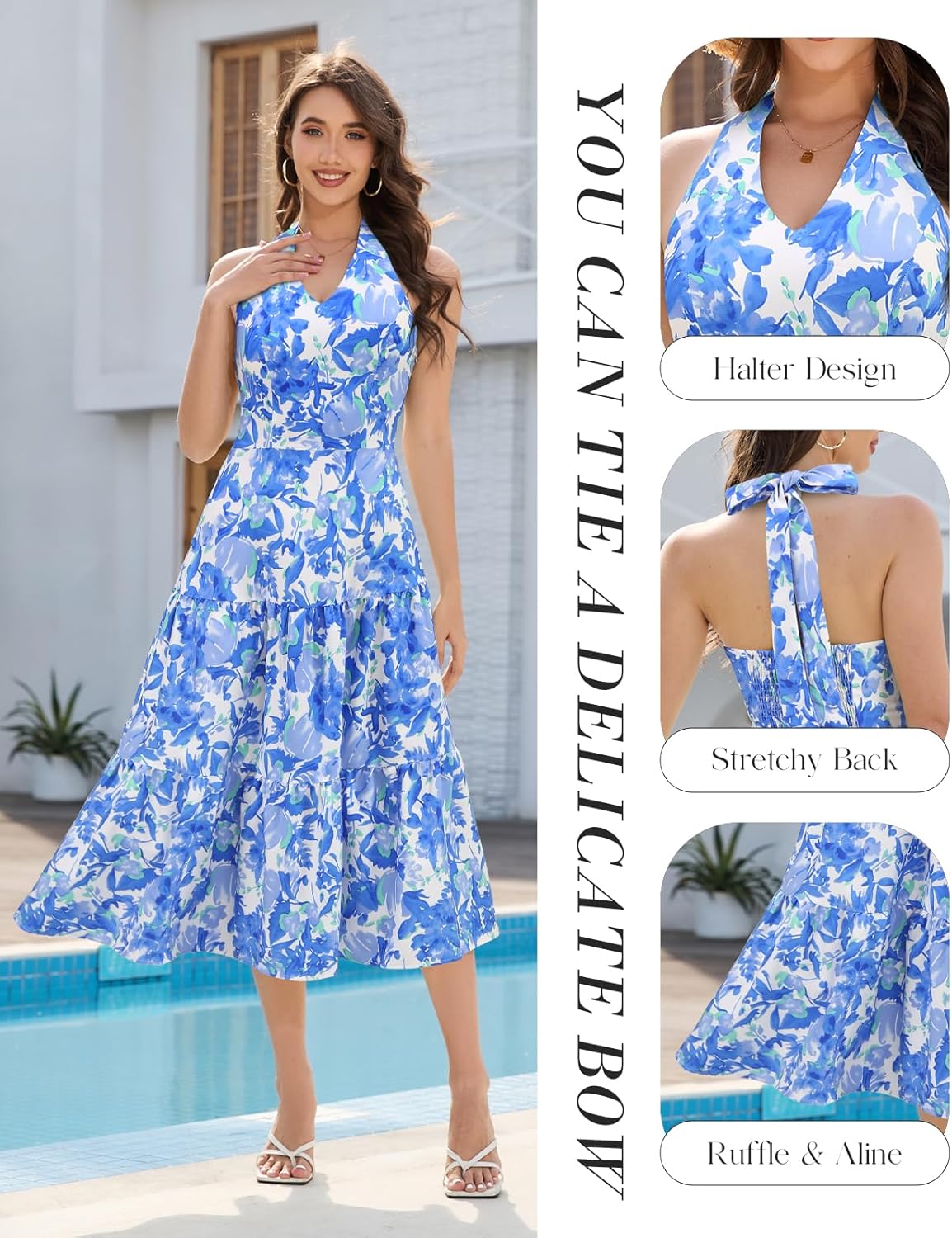 DRESSTELLS Womens Summer Floral Maxi Dress 2026 Casual Halter Spaghetti Strap Tiered Flowy Beach Long Sundress - Image 4