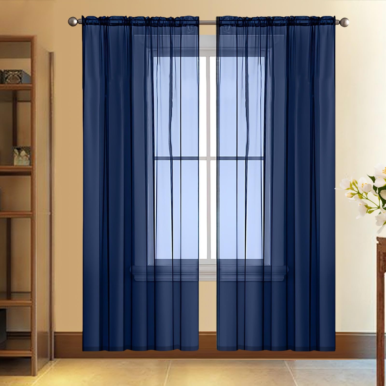 Rideau voilage bleu foncé 105x240 cm en lin filtrant pour salon