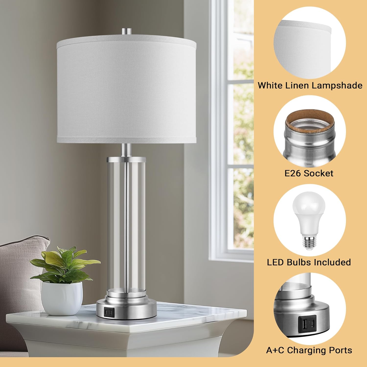 QiMH Touch Control Table Lamps Set of 2 with USB A+C Ports, 3-Way Dimmable Bedside Lamp for Living Room Bedroom House, Modern Nightstand Lamp with 2 LED Bulbs