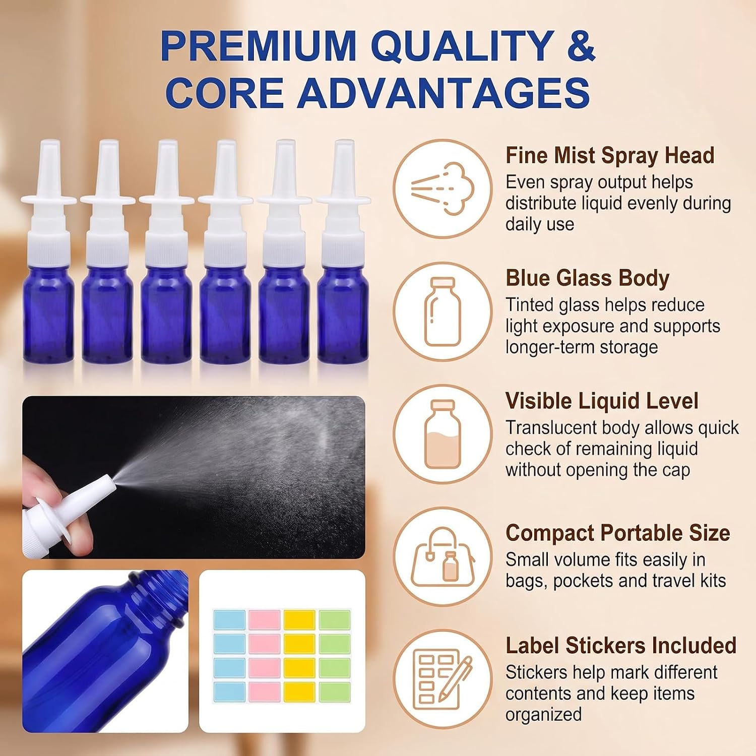 6PCS 0.17oz Blue Glass Nasal Spray Bottles with Colorful Labels
