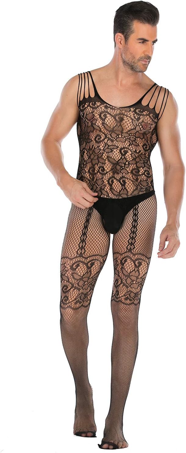 SINROYEE Men's Sheer Lace Lingerie Sissy clothes Sexy Tight Cut Out Elastic Nightgown One-piece Bodysuit - Image 5