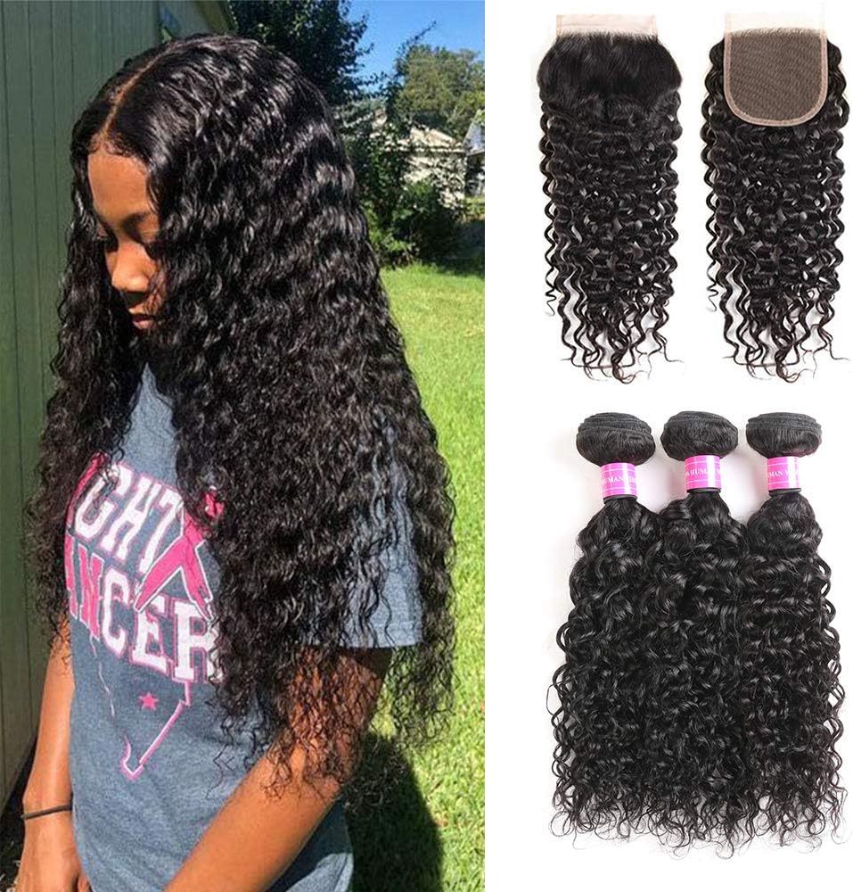 9A Brazilian Virgin water Wave Human Hair 3 Bundles with Lace Closure Free Part 100% Unprocessed Brazilian Water Wave Hair Weave Bundles Natural Color (12 14 16+10)