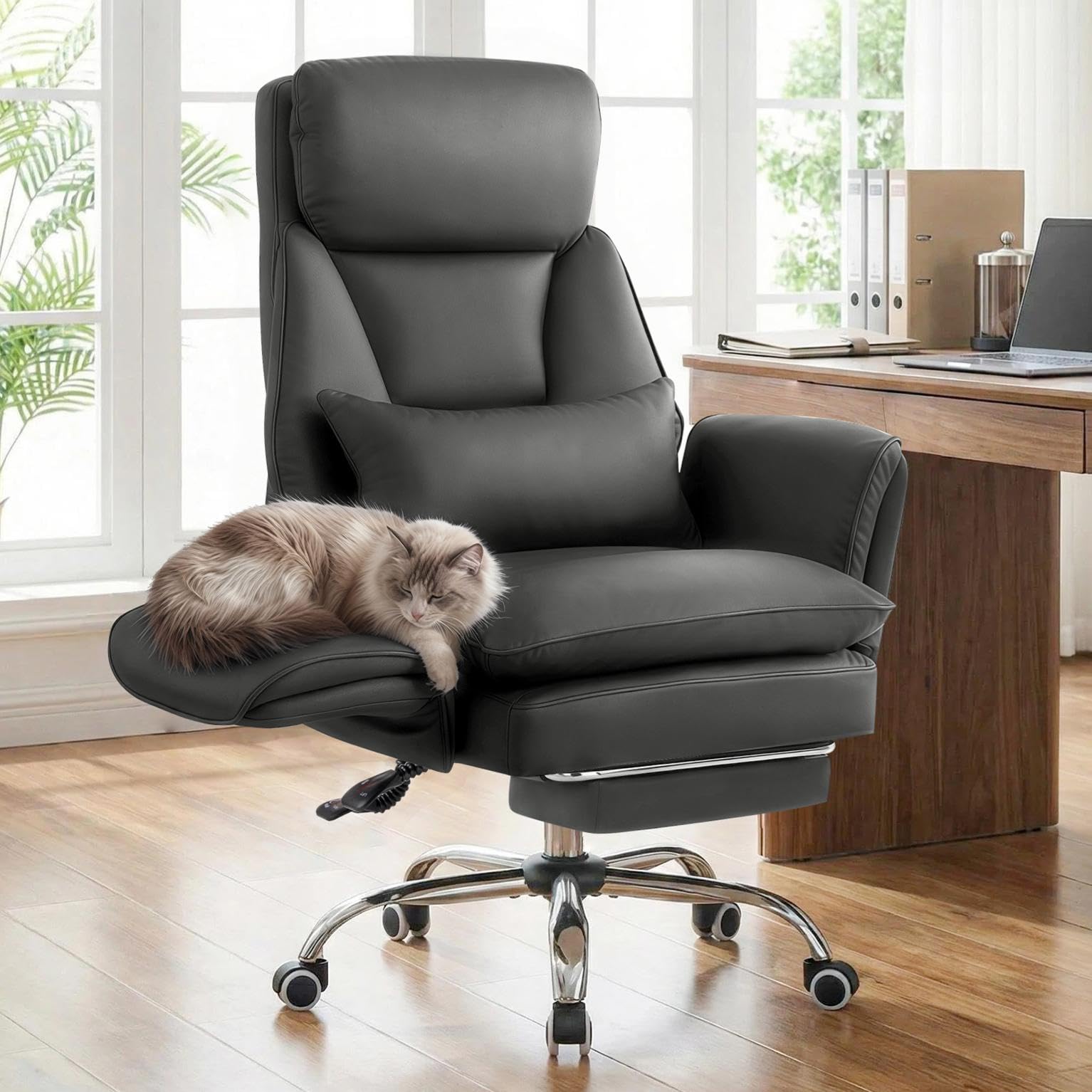 Sedia da Ufficio con Braccioli Regolabili a 5 Livelli, Poltrona Ufficio Ergonomica con Poggiapiedi, Sedia da Gioco in Pelle PU con Altezza Regolabile e Schienale Reclinabile 200kg, Grigio