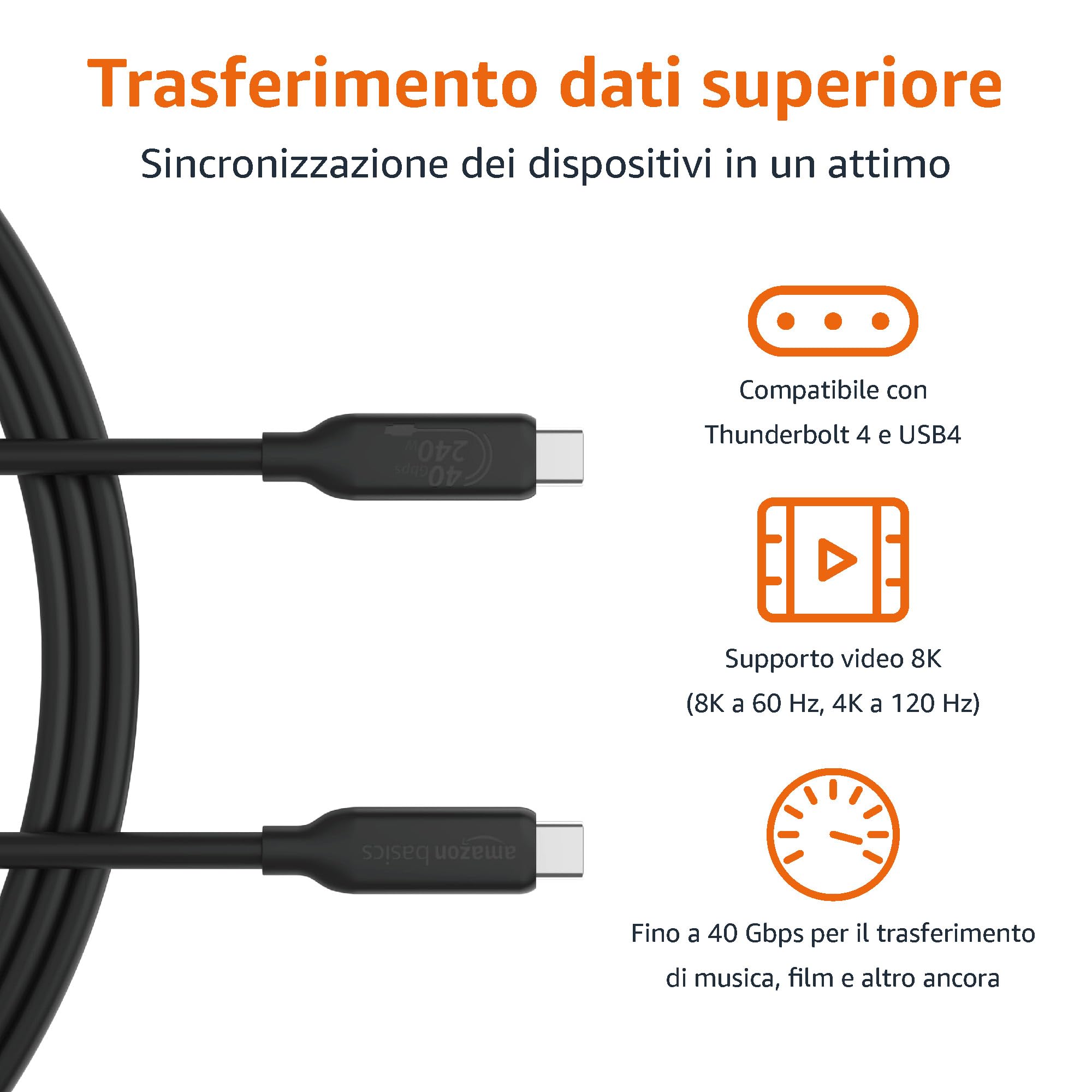 Amazon Basics Cavo di ricarica da USB-C a USB-C 4, 40 Gbps, video 8K, 240 W, cert. USB-IF, compatibile con Thunderbolt 4/3, per iPhone 16/15, iPad, Samsung Galaxy, tablet, laptop, 1 m, nero