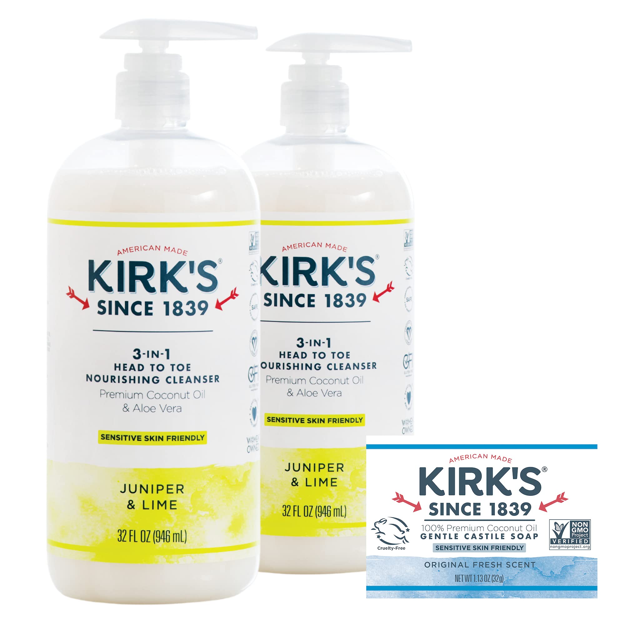 Kirk's3-in-1 Castile Liquid Soap by + Travel Size Bar Soap (1.13 oz.) | Head-to-Toe Natural Shampoo, Face Soap & Body Wash for Men, Women & Children | Juniper & Lime Scent | 32 Fl Oz. - 2 Pack