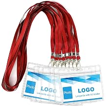 Lanyard with ID Holder 50 Pcs Waterproof Name Tag Badge ID Card Holders ID Pass Holder and 50 Pcs Flat Neck Lanyards Swivel Hook Red, Horizontal