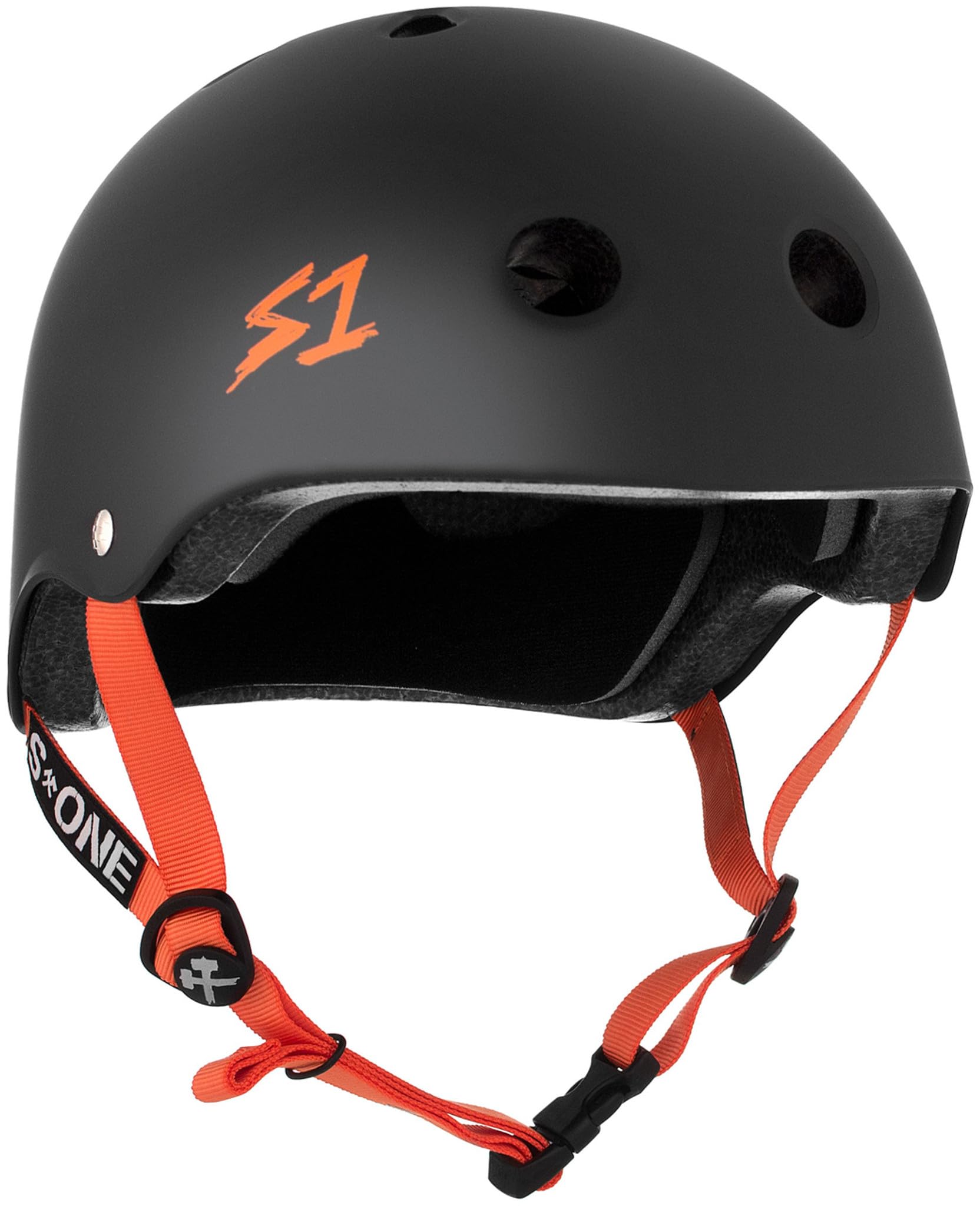 S1 Lifer Helmet for Skateboarding, BMX, and Roller Skating - EPS Fusion Foam, CPSC & ASTM Certified - Black Matte w/Orange Straps Large (55.8 cm) — image 1